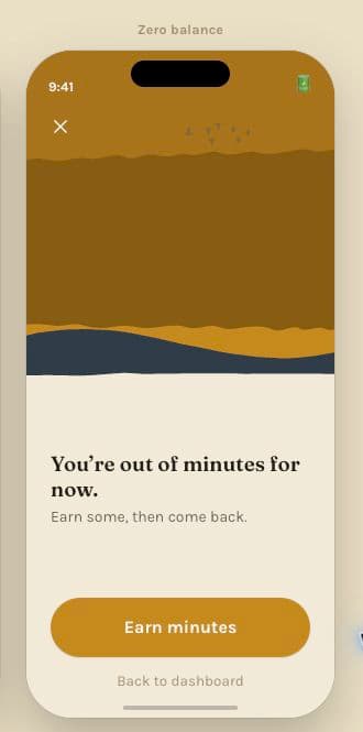 Same Rules zero-balance shield screen prompting the user to earn minutes
